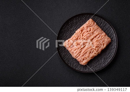 Raw fresh ground chicken, turkey, or pork for burgers or meatballs. Raw ground chicken 139349117
