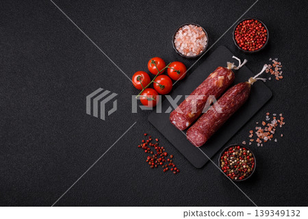 Smoked or dry cured salami slices or ham with salt and spices. Smoked sausage Smoked or dry cured salami slices or ham with salt and spices. Smoked sausage 139349132