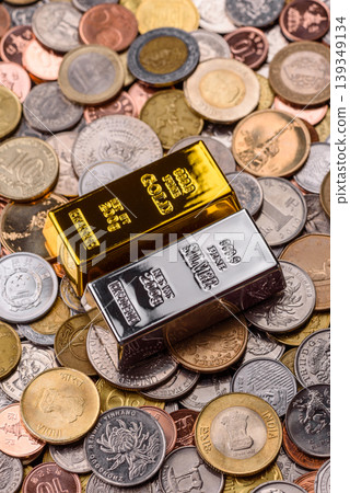 Gold and silver bullion or ingots as metals for bank storage, investments. Gold and silver bars Gold and silver bullion or ingots as metals for bank storage, investments. Gold and silver bars 139349134