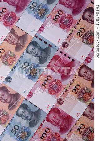 Chinese paper money, yuans in various denominations. China money Chinese paper money, yuans in various denominations. China money 139349143
