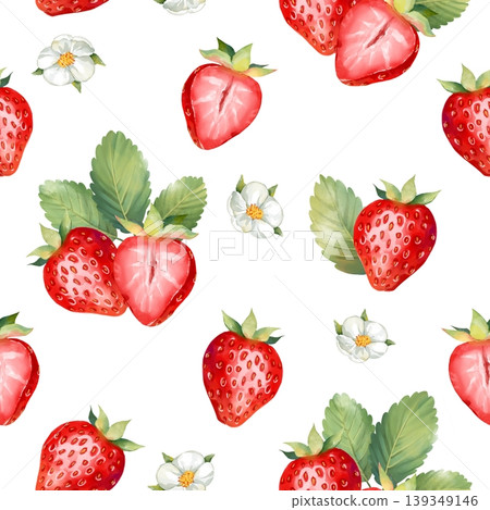 Seamless repeating pattern with strawberries, flowers and green leaves on white background. Sweet summer illustration. Hand drawn Seamless repeating pattern with strawberries, flowers and green leaves on white background. Sweet summer illustration. Hand drawn 139349146