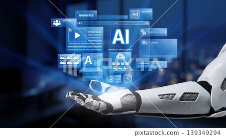 Futuristic robotic hand showcasing digital interfaces representing artificial intelligence concepts and data processing in a modern technology environment Synapse 139349294
