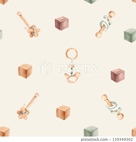 Baby seamless pattern. Watercolor wooden cubes and rattles on a light green background. Suitable for fabric, textile, wallpaper, wrapping paper and baby shower designs. Baby seamless pattern. Watercolor wooden cubes and rattles on a light green background. Suitable for fabric, textile, wallpaper, wrapping paper and baby shower designs. 139349302