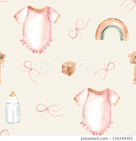 Watercolor baby girl seamless pattern with onesie or bodysuit, milk bottle, wooden toys and pink bows on a beige, light green background. Suitable for fabric, textile, wallpaper, wrapping paper and 139349305