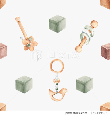 Baby seamless pattern. Watercolor wooden toys and rattles on a light blue pastel background. Suitable for fabric, textile, wallpaper, wrapping paper and baby shower designs. 139349308