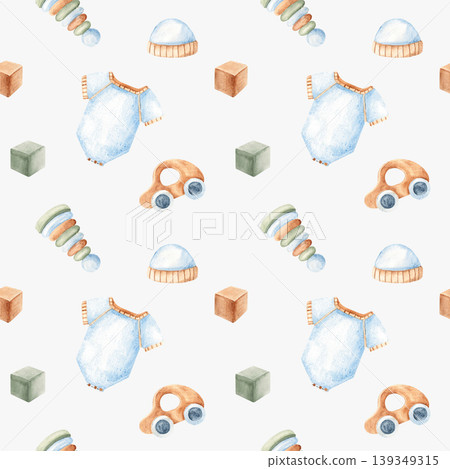 Baby boy watercolor seamless pattern with blue onesie or bodysuit, cap and wooden toys on a light blue background. Suitable for fabric, textile, wallpaper, wrapping paper and baby shower designs. Baby boy watercolor seamless pattern with blue onesie or bodysuit, cap and wooden toys on a light blue background. Suitable for fabric, textile, wallpaper, wrapping paper and baby shower designs. 139349315