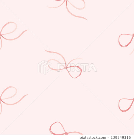 Bow, ribbon baby girl seamless pattern on a pink background. Hand drawn watercolor illustration. Perfect for fabric, textile, wrapping paper, nursery wallpaper, baby shower design and pastel 139349316