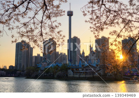 cherry blossom by Lotte World magic island at sunset, Seoul cherry blossom by Lotte World magic island at sunset, Seoul 139349469