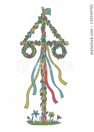 Hand drawn midsummer vector doodle illustration. Scandinavian symbol, colorful maypole on white background. 139349705