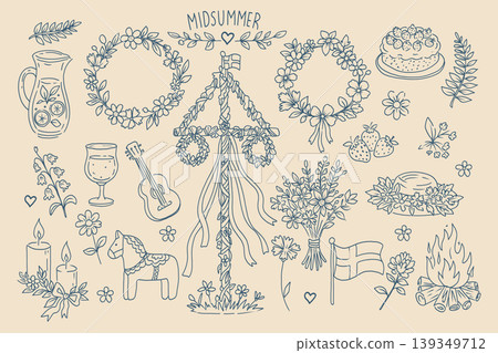 Hand drawn midsummer vector doodle set with Scandinavian symbils: maypole, flower crowns, wildflowers, berries, pie, dala horse. 139349712