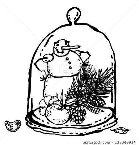 Snowman with tangerine, pine branch, glass dome Snowman with tangerine, pine branch, glass dome 139349934
