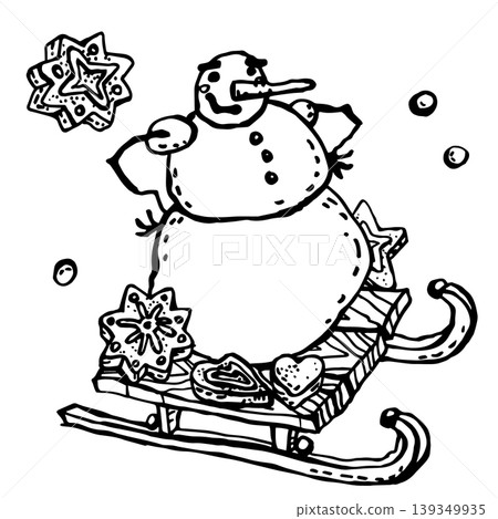 Cartoon snowman with gingerbread cookiesn a sled Cartoon snowman with gingerbread cookiesn a sled 139349935