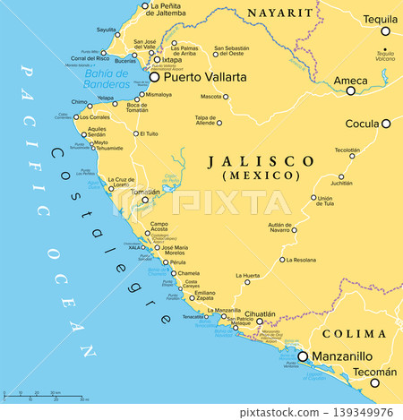 Costalegre, a part of the western coast of Mexico, political map. Beaches, capes and bays alongside the Pacific, between Puerto Vallarta, state of Jalisco, and Manzanillo, state of Colima. Vector Costalegre, a part of the western coast of Mexico, political map. Beaches, capes and bays alongside the Pacific, between Puerto Vallarta, state of Jalisco, and Manzanillo, state of Colima. Vector 139349976