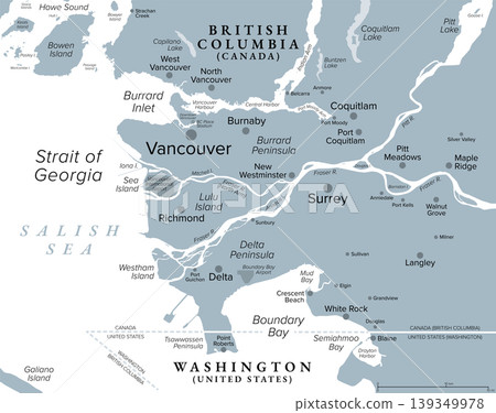 Greater Vancouver, British Columbia, Canada, gray political map, with largest cities. Also known as Metro Vancouver, a metropolitan area, geographic region, and part of Lower Mainland. Vector Greater Vancouver, British Columbia, Canada, gray political map, with largest cities. Also known as Metro Vancouver, a metropolitan area, geographic region, and part of Lower Mainland. Vector 139349978