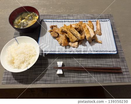 A Japanese set meal of grilled pork, rice, and miso soup | A scene from a home-cooked meal A Japanese set meal of grilled pork, rice, and miso soup | A scene from a home-cooked meal 139350230