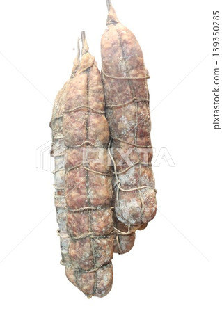 Salami dry cured meat hanging traditional artisan food Salami dry cured meat hanging traditional artisan food 139350285