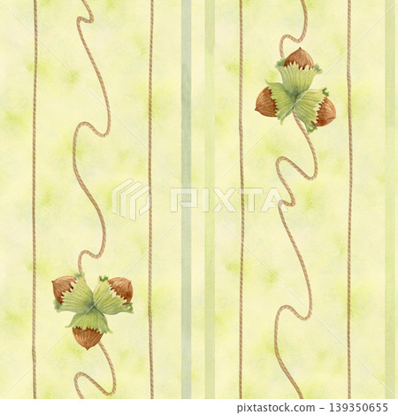 Watercolor autumn seamless pattern with hazelnuts, leaves and stripes. Hand drawn vintage botanical background in soft green tones 139350655