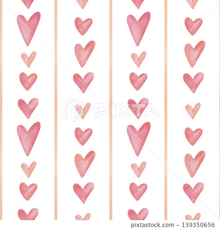 Watercolor valentine seamless striped pattern with pink hearts. Cute vintage hand drawn romantic background for textile, paper 139350656