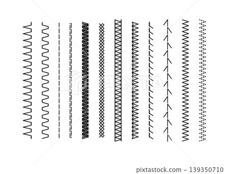 Geometric embroidery borders with decorative sewing patterns. Vector textile dividers featuring cross-stitch motifs, black thread elements, and seamless design edges for creative applications 139350710