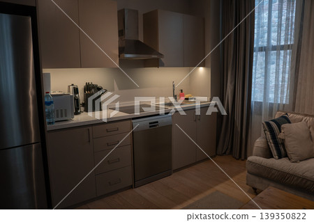 Modern kitchen interior with cabinets, sink, appliances, lighting in compact apartment space. Interior design, real estate marketing, home lifestyle, accommodation concept, living space Modern kitchen interior with cabinets, sink, appliances, lighting in compact apartment space. Interior design, real estate marketing, home lifestyle, accommodation concept, living space 139350822