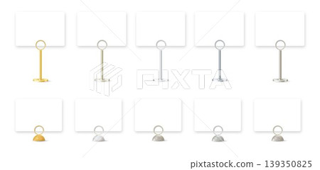 Table stand with metal clip holding blank card for business display. Realistic mockup for restaurant sign, office memo, or desktop message template. Vector 139350825