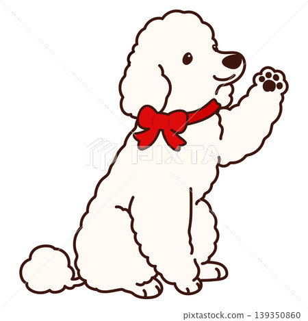 A simple and cute illustration of a white poodle sitting and waving with a red ribbon on its head. (Outlined) A simple and cute illustration of a white poodle sitting and waving with a red ribbon on its head. (Outlined) 139350860