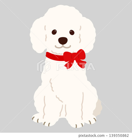 一幅簡潔可愛的插畫,畫的是一隻白色貴賓犬,面向前方坐著,頭上繫著一條紅色絲帶。沒有輪廓線。 一幅簡潔可愛的插畫,畫的是一隻白色貴賓犬,面向前方坐著,頭上繫著一條紅色絲帶。沒有輪廓線。 139350862