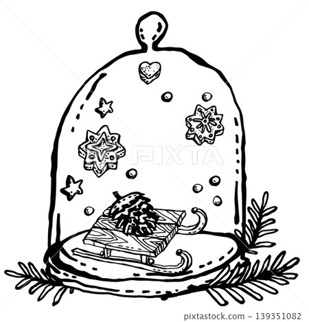 A pine cone on a children sled under a glass cap 139351082
