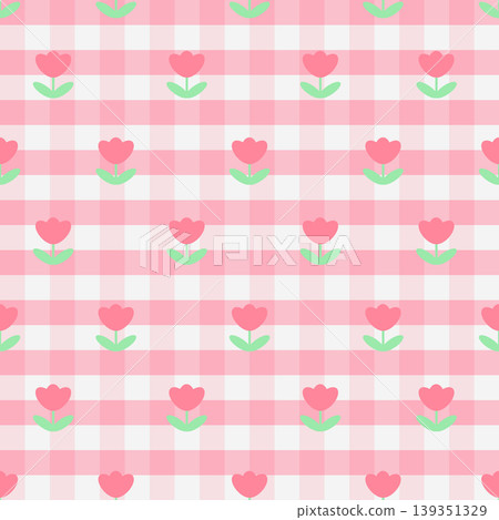 Cute Pink Gingham Tulip Pattern, Pastel Floral Seamless Background Cute Pink Gingham Tulip Pattern, Pastel Floral Seamless Background 139351329