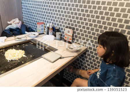 A young Japanese girl eating monjayaki at a teppanyaki restaurant. A young Japanese girl eating monjayaki at a teppanyaki restaurant. 139351523