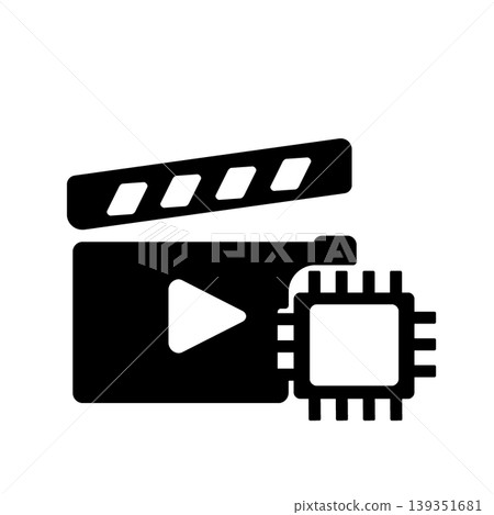 A digital icon (black) representing the use of artificial intelligence for video editing and video analysis. 139351681