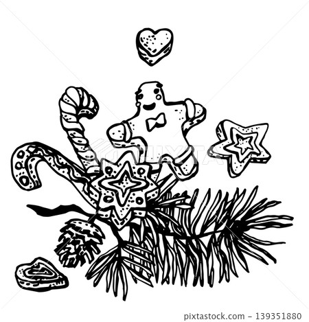 A composition of stylized pine branches with cones A composition of stylized pine branches with cones 139351880