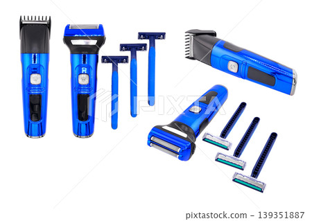 electric trimmers and shaving razors in blue color on background 139351887