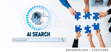 Group of diverse hands assembling blue puzzle pieces with an AI search theme in a modern workspace, showcasing collaboration and technology in problem-solving. Trope Group of diverse hands assembling blue puzzle pieces with an AI search theme in a modern workspace, showcasing collaboration and technology in problem-solving. Trope 139351894