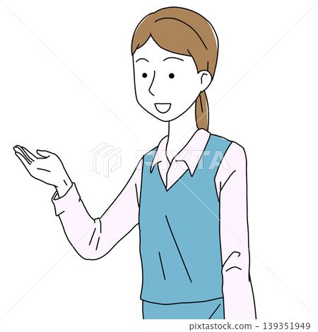 插圖描繪了一位女性工作人員引導客人、接待客人並提供資訊。設計簡潔。 插圖描繪了一位女性工作人員引導客人、接待客人並提供資訊。設計簡潔。 139351949