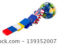 Domino chain with Russia Ukraine EU, UK and USA flags and globe. Concept of conflict escalation and global geopolitical impact, 3d rendering 139352007