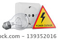 Warning sign Power Outage with socket and light bulb, 3d rendering 139352016