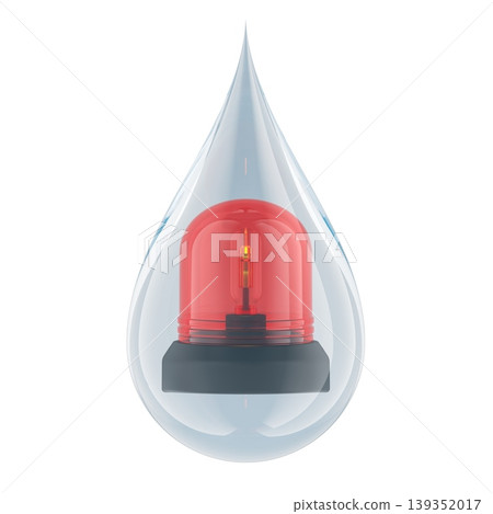 Water droplet with red emergency siren. Water crisis warning and resource alert, concept. 3d rendering Water droplet with red emergency siren. Water crisis warning and resource alert, concept. 3d rendering 139352017