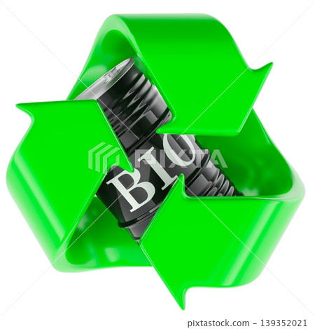 Biofuel barrel inside green recycling symbol. 3D rendering Biofuel barrel inside green recycling symbol. 3D rendering 139352021