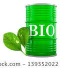 Biofuel barrel with green leaves, 3d rendering 139352022