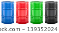 Colored metal barrels in blue, red, green and black colored. 3D rendering 139352024