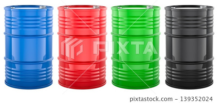 Colored metal barrels in blue, red, green and black colored. 3D rendering Colored metal barrels in blue, red, green and black colored. 3D rendering 139352024