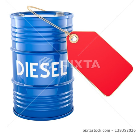 Diesel barrel with blank red price tag. 3D rendering 139352026
