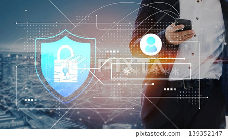 Business professional engaging in secure online activity with smartphone, digital security elements and encrypted login displayed on screen Gluon Business professional engaging in secure online activity with smartphone, digital security elements and encrypted login displayed on screen Gluon 139352147