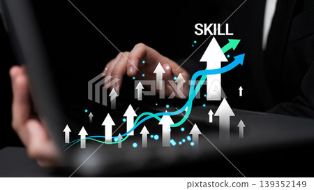 Business Success Concept with Skill Development and Growth Visualization on a Dark Background in a Modern Office Setting Haptic Business Success Concept with Skill Development and Growth Visualization on a Dark Background in a Modern Office Setting Haptic 139352149