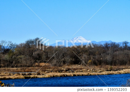 從利根川河床望去，可以看到白雪皚皚的淺間山。 139352203