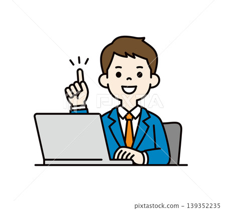 A simple vector illustration of a young businessman explaining points in front of a laptop. A simple vector illustration of a young businessman explaining points in front of a laptop. 139352235