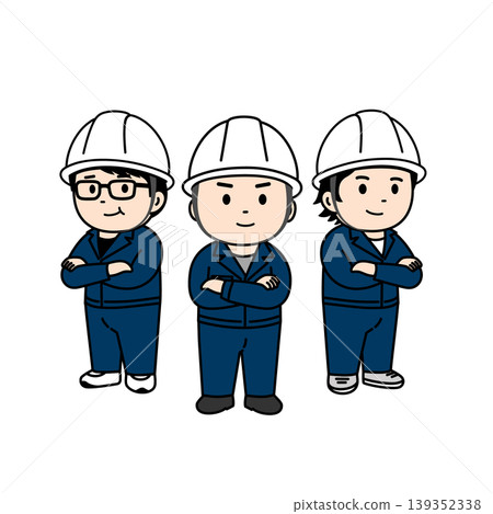 Characters, helmets, and illustrations of a team of workers in work clothes. Characters, helmets, and illustrations of a team of workers in work clothes. 139352338
