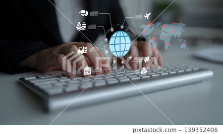 Hands Typing on Keyboard with Global Connectivity Symbols, Representing Digital Logistics and Supply Chain Management Concepts Ledger Hands Typing on Keyboard with Global Connectivity Symbols, Representing Digital Logistics and Supply Chain Management Concepts Ledger 139352408
