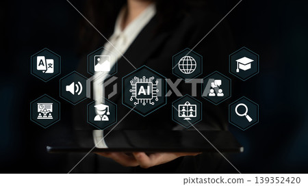 Business professional showcasing virtual icons related to technology, artificial intelligence, education, and communication in a modern digital context Ledger 139352420